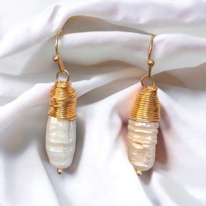 gold-tone wire-wrapped faux pearl drop earrings